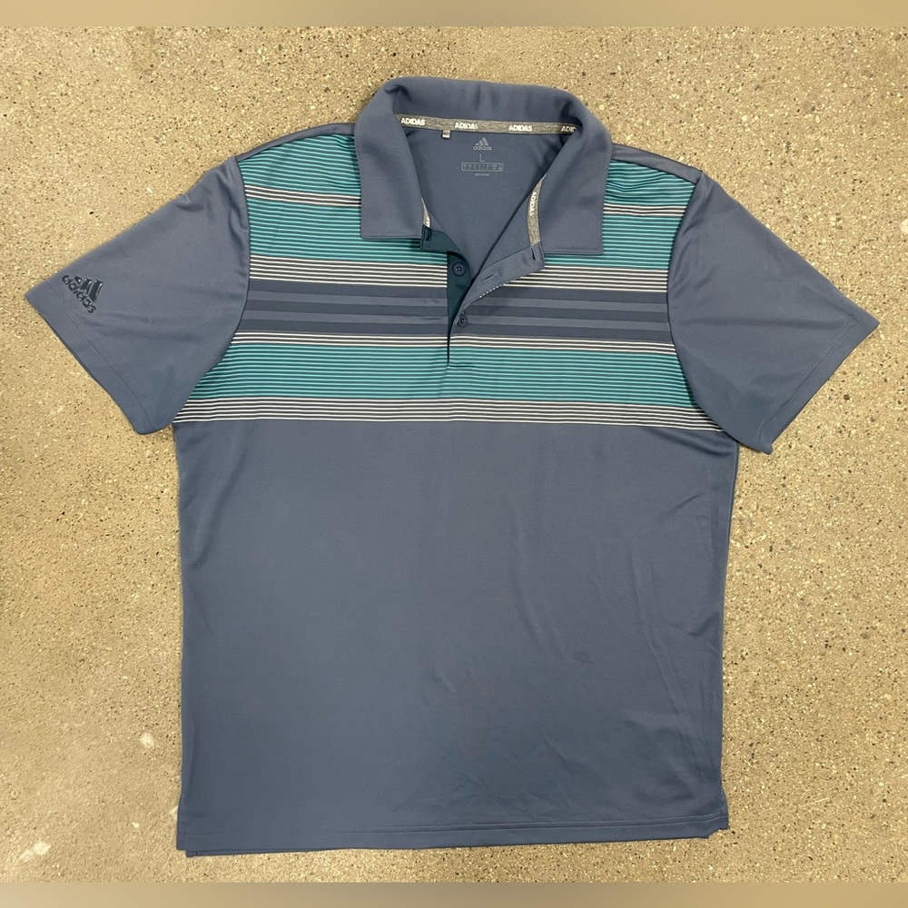 Adidas Polo Shirt Men’s size Large Blue Striped Short Sleeve Collared Casual
